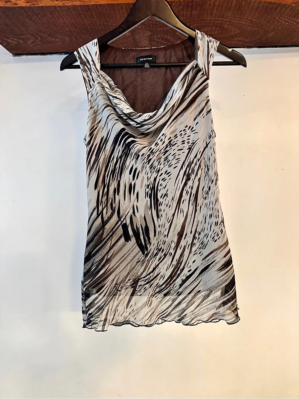 spense Abstract Draped Neck Tank in White & Brown Size Small